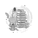 A stack of books with plant and animal motifs emerging from the pages tattoo design idea