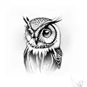 A mystical owl perched on a branch with African symbols hidden in the feathers tattoo design idea