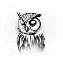 A mystical owl perched on a branch with African symbols hidden in the feathers tattoo design idea