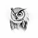 A mystical owl perched on a branch with African symbols hidden in the feathers tattoo design idea