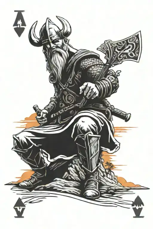 bald viking warrior wielding an ace playing card on a hill with sunset on the horizon  tattoo design idea