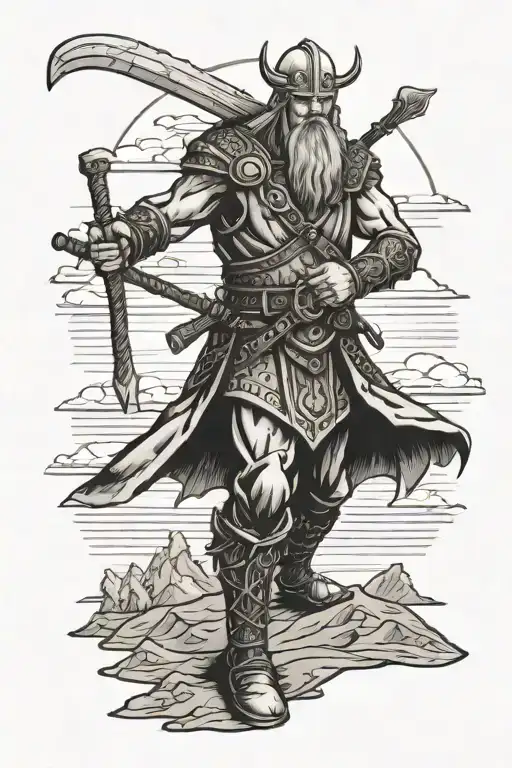 bald viking warrior wielding an ace playing card axe , standing on a hill with the sunset on the horizon tattoo design idea