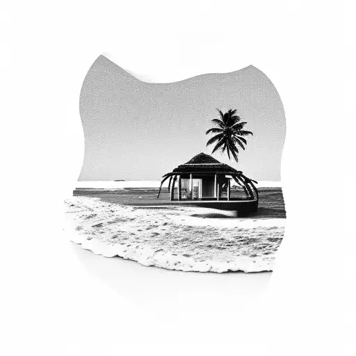A minimalistic design of a serene private beach with a small hut nestled among palm trees, waves gently lapping the shore. tattoo design idea
