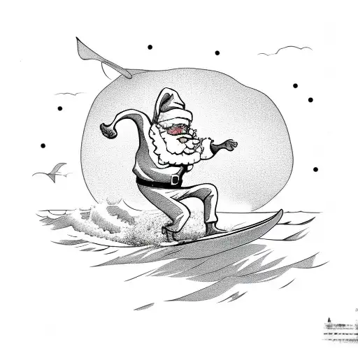 A surfing Santa riding a Woodie car on the beach tattoo design idea