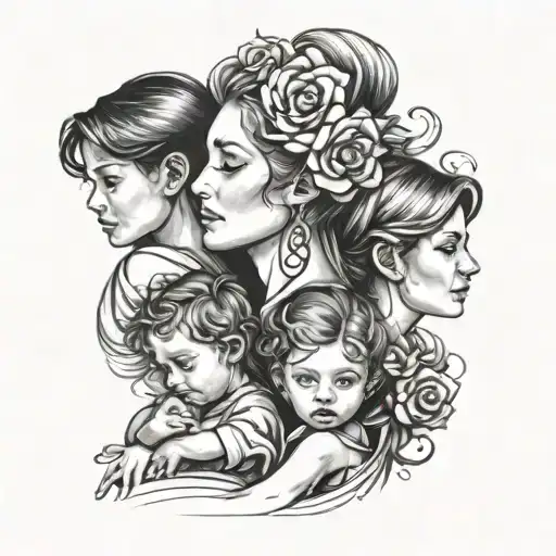 Mother and 3 children  tattoo design idea