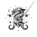 A fishing rod transforming into a dragon's tail, surrounded by stars and galaxies tattoo design idea