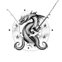 A fishing rod transforming into a dragon's tail, surrounded by stars and galaxies tattoo design idea