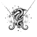 A fishing rod transforming into a dragon's tail, surrounded by stars and galaxies tattoo design idea