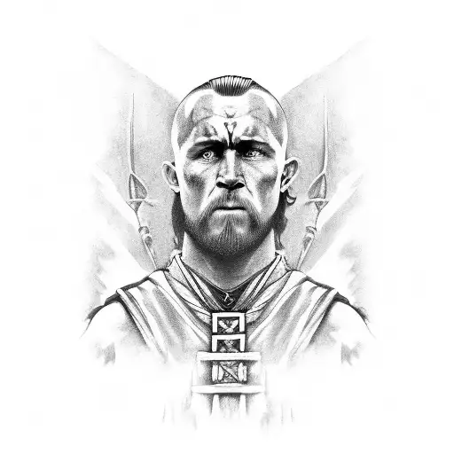A black and grey portrait of a strong Irish warrior, representing the Fighting Irish spirit and the client's passion for their heritage tattoo design idea