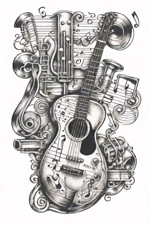 music notes and instruments tattoo design idea