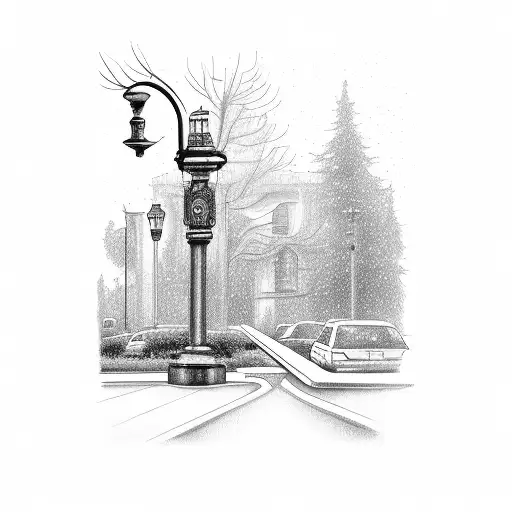 a modern day street light with dual lights in the parking lot of a church  tattoo design idea