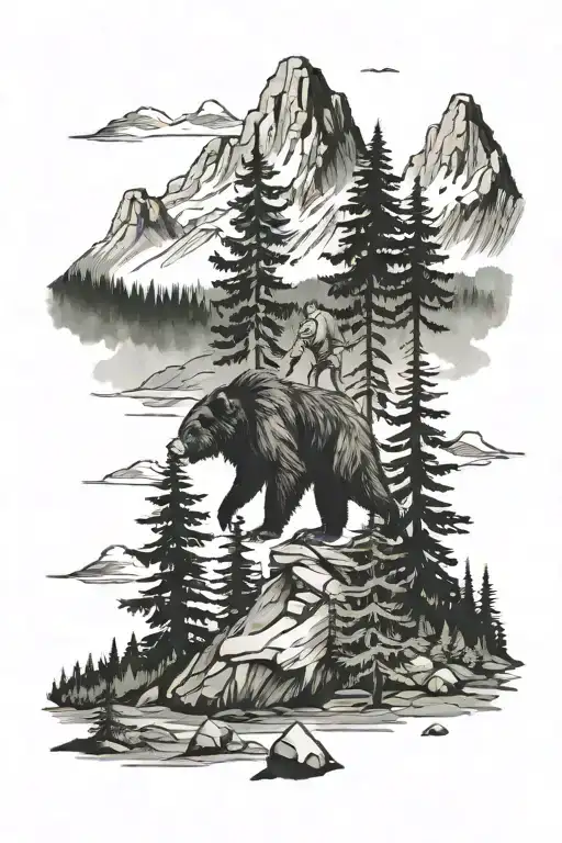 Evergreen Trees, Mountain, Sasquatch tattoo design idea