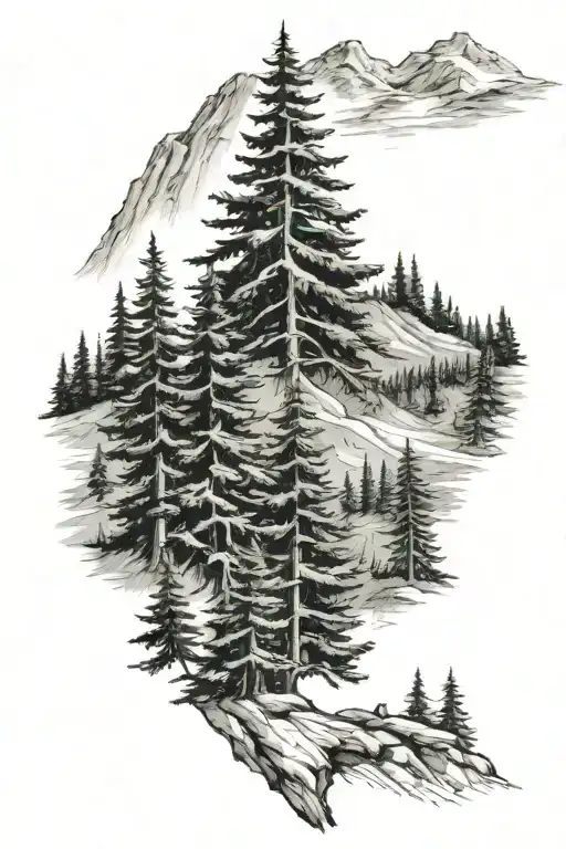 Evergreen Trees, Mountain, Bigfoot tattoo design idea