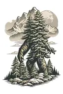 Evergreen Trees, Mountain, Sasquatch tattoo design idea