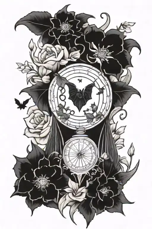 A mysterious composition of a sleeping bat surrounded by dark, gothic flowers tattoo design idea