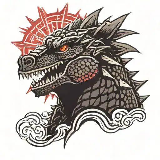Solid Black Godzilla Head with Red Starburst Background  tattoo design idea