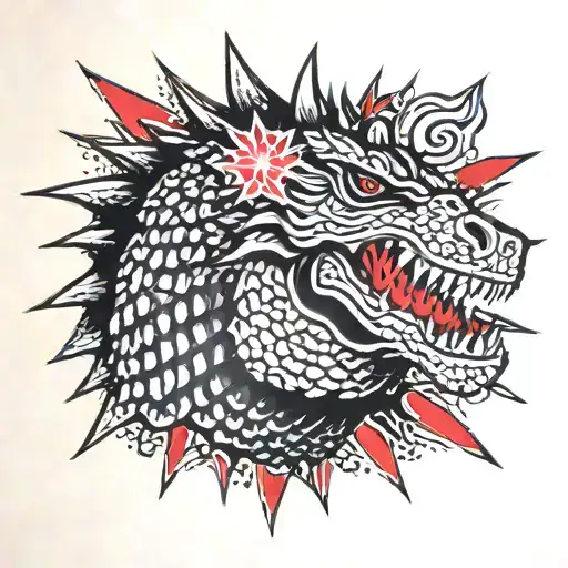 Solid Black Japanese Toho Godzilla Head with Red Starburst Background tattoo design idea