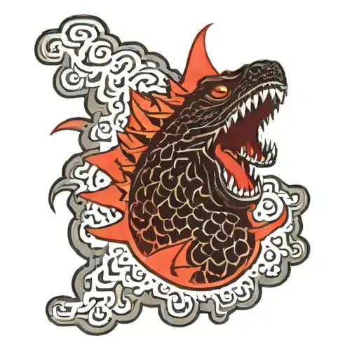 Solid Black Japanese Toho Godzilla Head with Red Starburst Background tattoo design idea