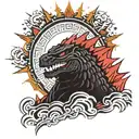 Solid Black Godzilla Head with Red Starburst Background  tattoo design idea