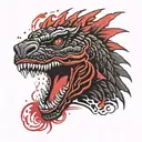 Solid Black Godzilla Head with Red Starburst Background  tattoo design idea