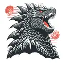 Solid Black Japanese Toho Godzilla Head with Red Starburst Background tattoo design idea