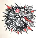 Solid Black Japanese Toho Godzilla Head with Red Starburst Background tattoo design idea