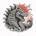 Solid Black Japanese Toho Godzilla Head with Red Starburst Background tattoo design idea