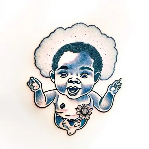 baby black face with afro hair with a bufallo head tattoo design idea