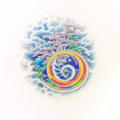 Spiral Paint Stroke with Japanese scenery inside it tattoo design idea