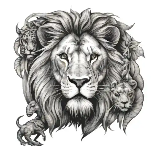 lion with jungle animals in harmony inspired by Stoicism tattoo design idea