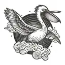 A whimsical tattoo of a pelican holding a baking spatula in its beak, surrounded by swirling flour and sugar clouds tattoo design idea
