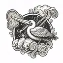 A whimsical tattoo of a pelican holding a baking spatula in its beak, surrounded by swirling flour and sugar clouds tattoo design idea