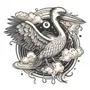 A whimsical tattoo of a pelican holding a baking spatula in its beak, surrounded by swirling flour and sugar clouds tattoo design idea