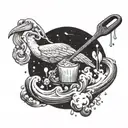 A whimsical tattoo of a pelican holding a baking spatula in its beak, surrounded by swirling flour and sugar clouds tattoo design idea