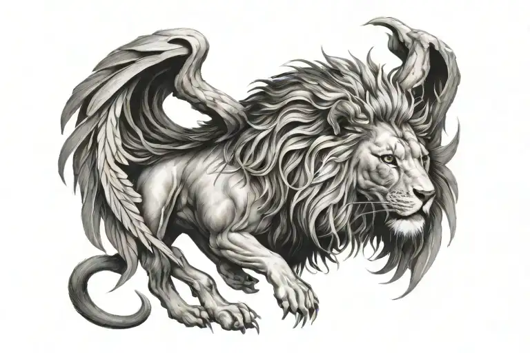 a whole beautiful colorful phoenix  wrapping a black and white lion wearing a 5-point crown, in its wings  tattoo design idea