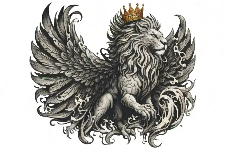 a beautiful colorful phoenix rising from its ashes, with a black and white lion wearing a 5-point crown.  tattoo design idea