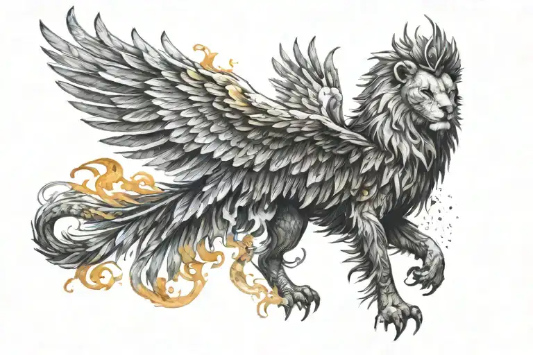a beautiful colorful whole phoenix burd rising from its ashes, with a black and white lion wearing a 5-point crown.  tattoo design idea