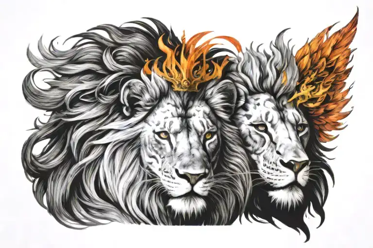 a beautiful colorful whole phoenix bird rising from its ashes, and a black and white lion wearing a 5-point crown.  tattoo design idea