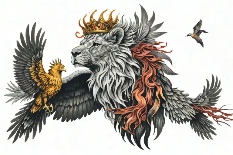 a beautiful colorful whole phoenix burd rising from its ashes, and a black and white lion wearing a 5-point crown.  tattoo design idea