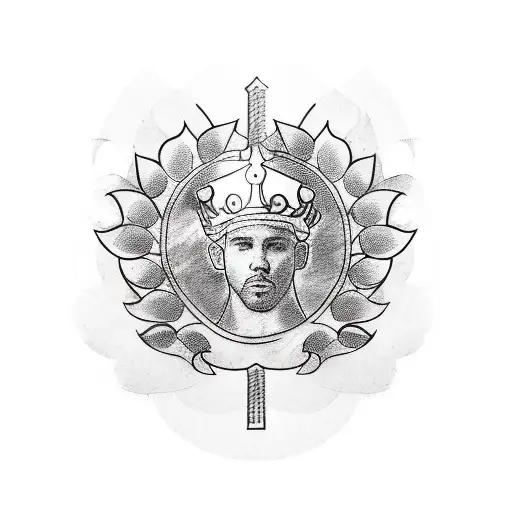 A sketch-style tattoo of a hip hop artist wearing a crown of laurel leaves, inspired by Alexander the Great's victory wreath, symbolizing your love for hip hop and Greek history. tattoo design idea
