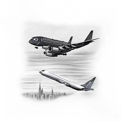 city with planes and trains and a rail system  tattoo design idea