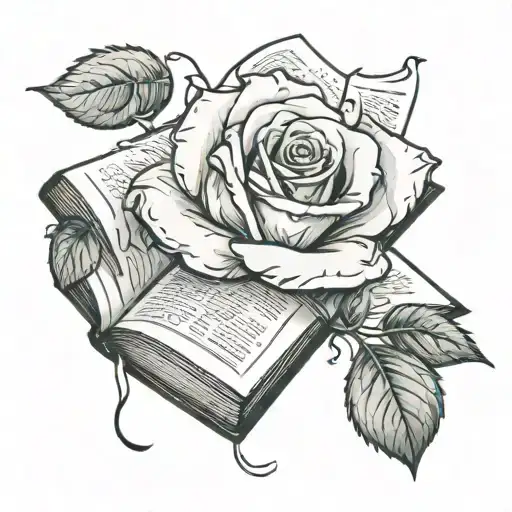 A rose inside a book. Full rose with its petals, as a bookmark, splitting the open book, point of view is top tattoo design idea