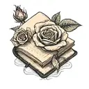 A rose inside a book. Full rose with its petals, as a bookmark, in the middle of the open book, point of view is top tattoo design idea