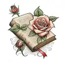 A rose inside a book. Full rose with its petals, as a bookmark, in the middle of the open book, point of view is top tattoo design idea