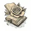A rose inside a book. Full rose with its petals, as a bookmark, in the middle of the open book, point of view is top tattoo design idea