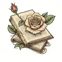 A rose inside a book. Full rose with its petals, as a bookmark, in the middle of the open book, point of view is top tattoo design idea