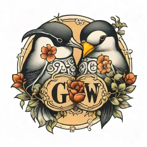 pareja de pinguinos con las letras G y W tattoo design idea