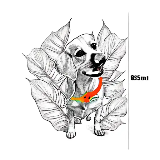 orange Jack Russel walking under  monstera leaf tattoo design idea