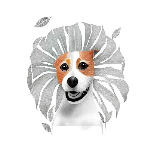 orange Jack Russel walking under  monstera leaf tattoo design idea