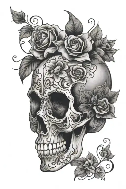 creepy femanine floral skull tattoo design idea